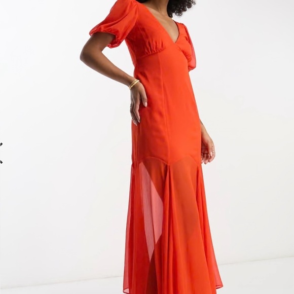 NWT ASOS Orange Chiffon Midi Dress Puff Sleeves Deep V Neck Ruffle Bottom Sz 4 - Picture 2 of 7